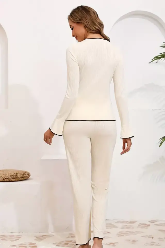 Kadın Ekru Fitilli Fiyonk Detaylı Şık Pijama Takımı Premium Ev Giyim