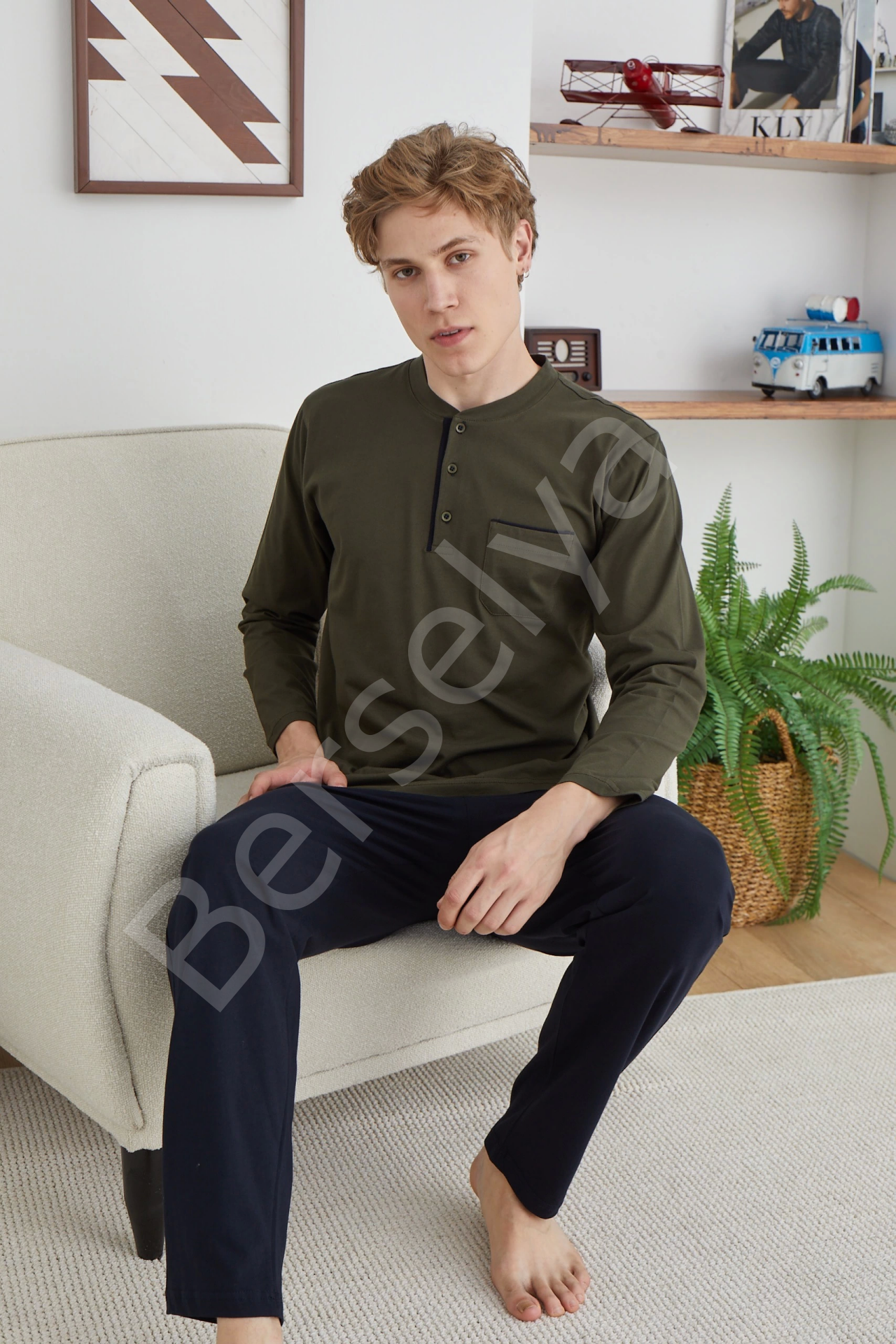 Erkek 9111 Battal  Erkek   Midi Yaka Pijama Takımı