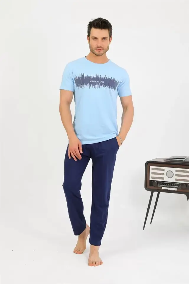 Erkek Pamuk Kısa Kol Pijama Takım Mavi