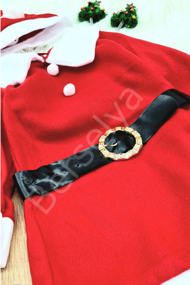 Kız Çocuk Noel Anne Yılbaşı Kostümü Etekli Şapkalı Elbise Yılbaşı Noel Baba Kostüm