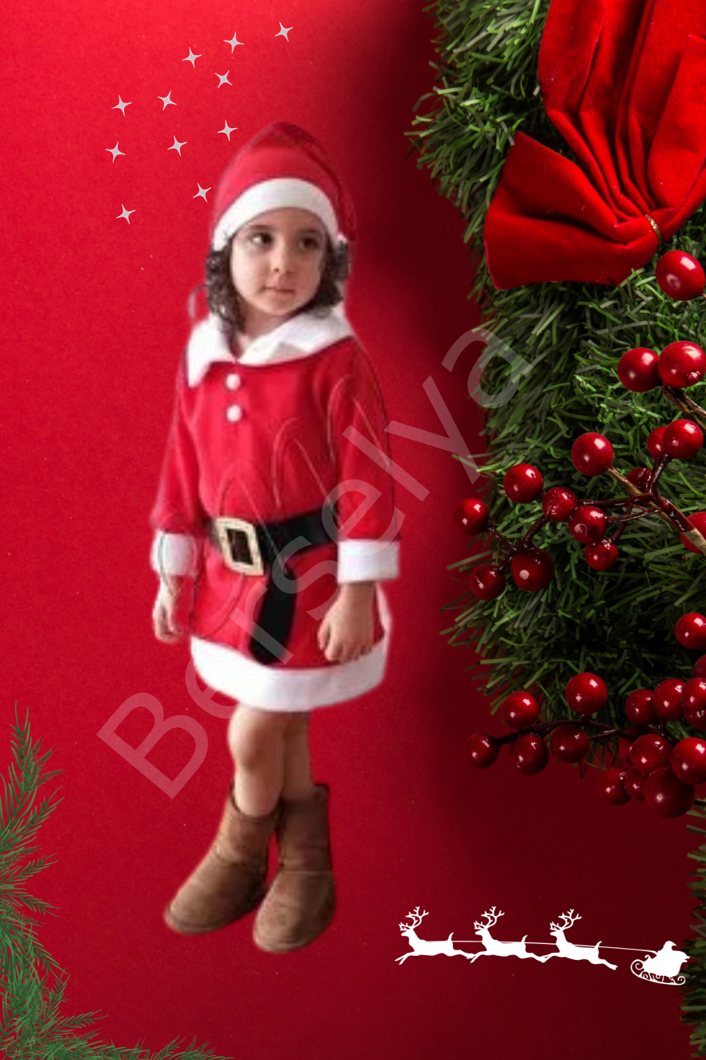 Kız Çocuk Noel Anne Yılbaşı Kostümü Etekli Şapkalı Elbise Yılbaşı Noel Baba Kostüm