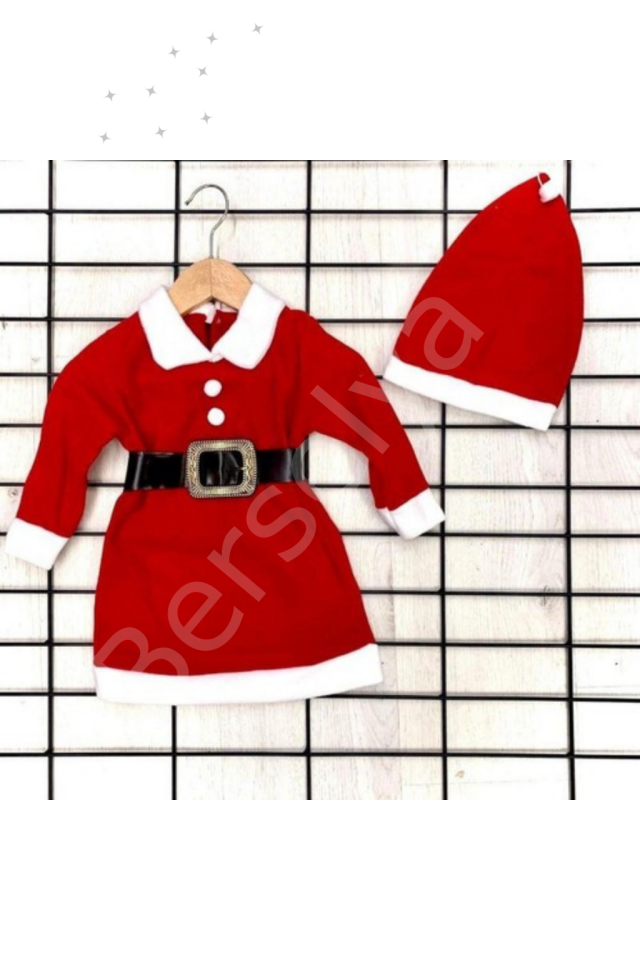 Kız Çocuk Noel Anne Yılbaşı Kostümü Etekli Şapkalı Elbise Yılbaşı Noel Baba Kostüm