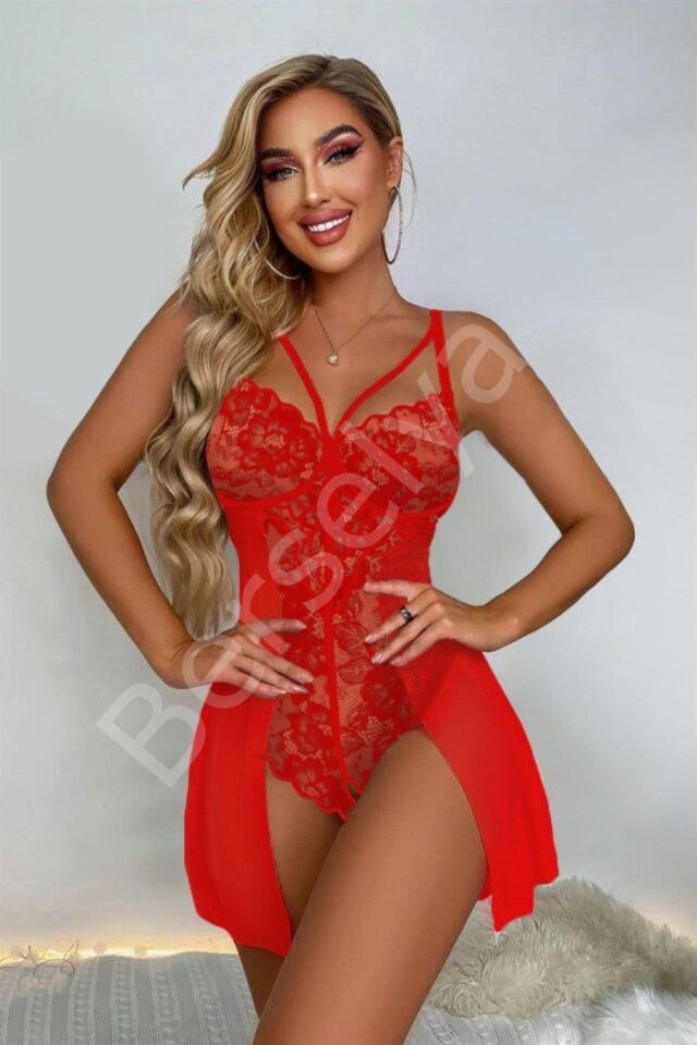 Kırmızı Özel Bölgesi Açık Babydoll Gecelik 15034