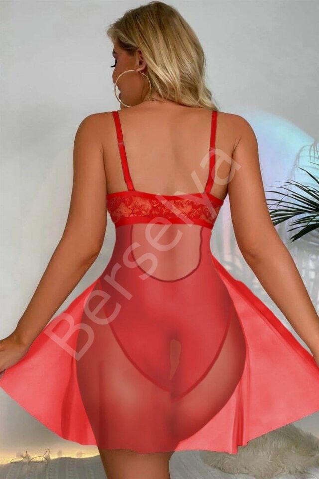 Kırmızı Özel Bölgesi Açık Babydoll Gecelik 15034