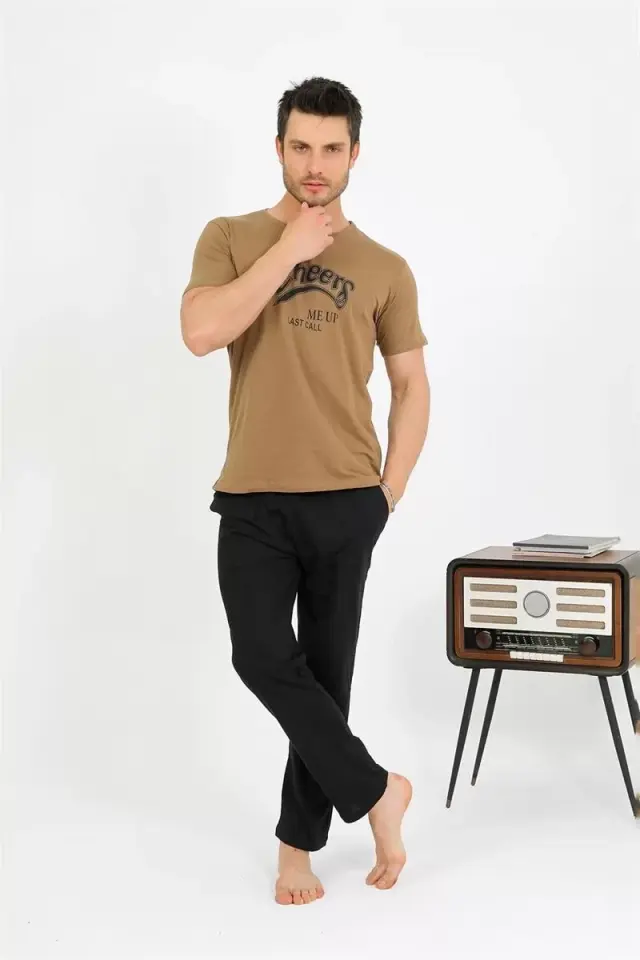Erkek Pamuk Kısa Kol Pijama Takım Vizon