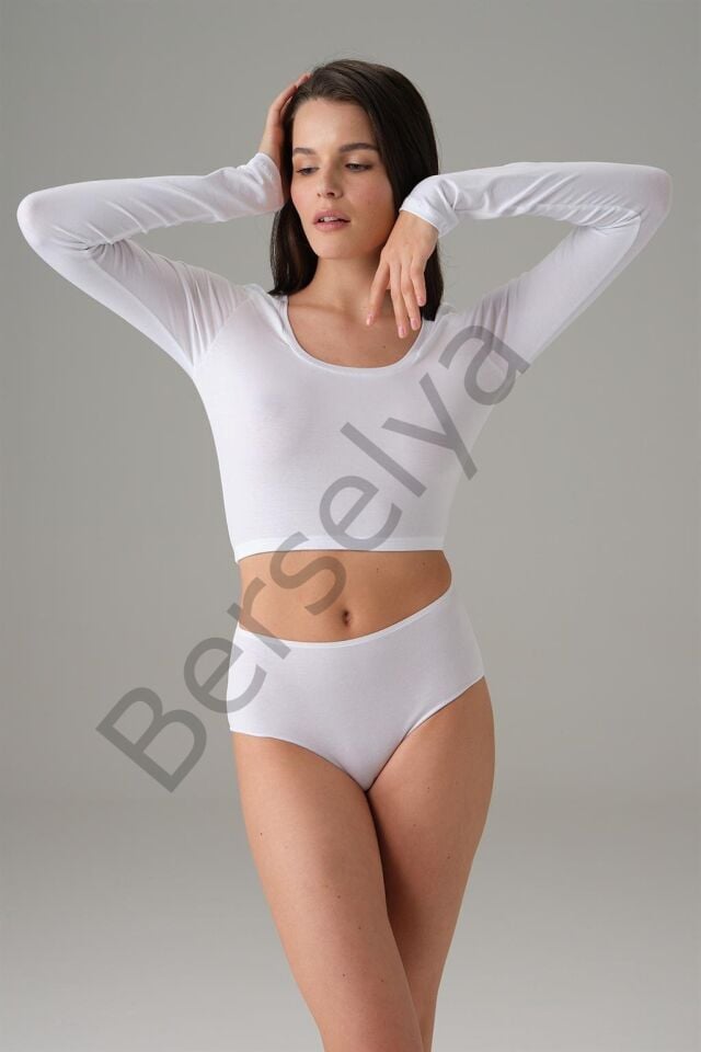 Doreanse Beyaz Kadın Basic Uzun Kol Crop T Shirt 8513