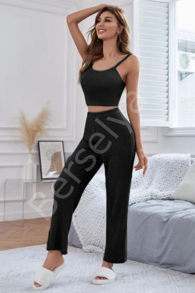 Viskon Siyah 3 Lü Trend Crop Takım 7010