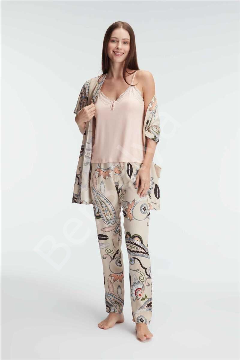 İp Askılı V Yaka Viskon Çiçek Desenli Yazlık Dantel Detaylı Pijama Sabahlık Takımı