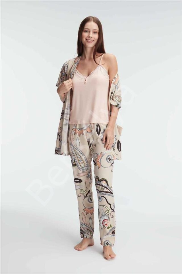İp Askılı V Yaka Viskon Çiçek Desenli Yazlık Dantel Detaylı Pijama Sabahlık Takımı