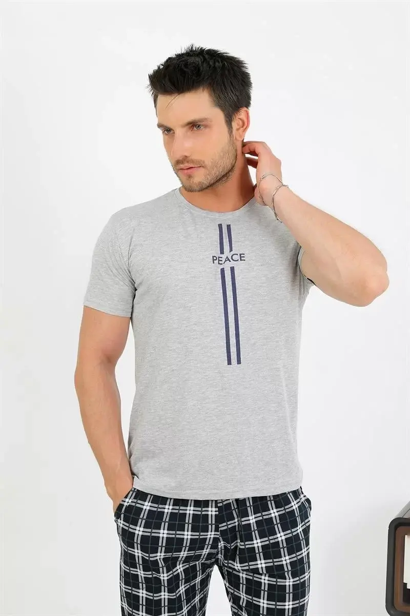 Erkek Pamuk Kısa Kol Pijama Takım Gri