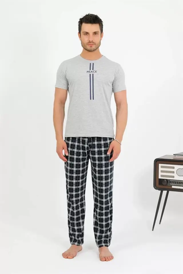 Erkek Pamuk Kısa Kol Pijama Takım Gri