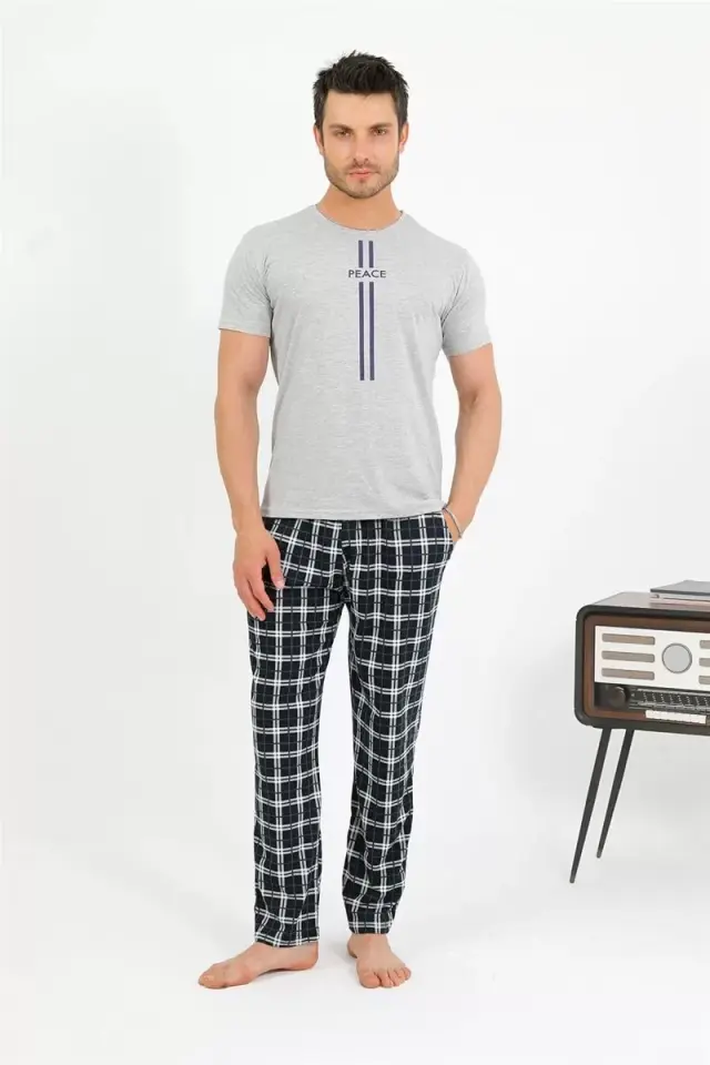 Erkek Pamuk Kısa Kol Pijama Takım Gri