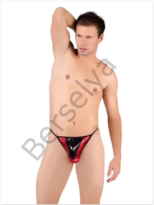 Fantezi Kırmızı Siyah Lame Erkek String - Tanga