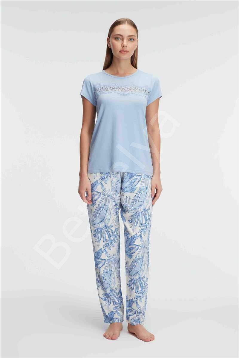 Kısa Kol Bisiklet Yaka Kadın Viskon Çiçek Desenli Yazlık Örme Dantel Detaylı Pijama Takımı