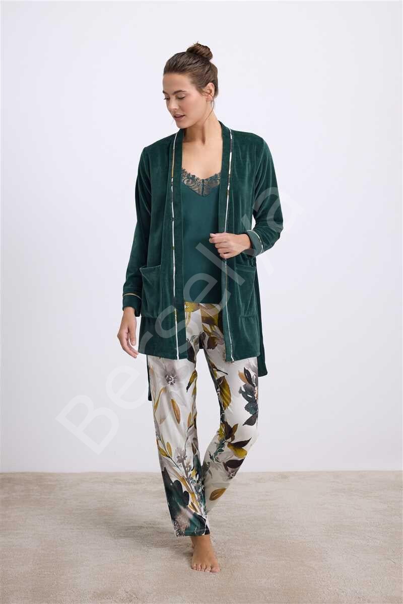 Kadife Sabahlık, Dantelli Atlet Ve Desenli Pantolon Pijama Takımı