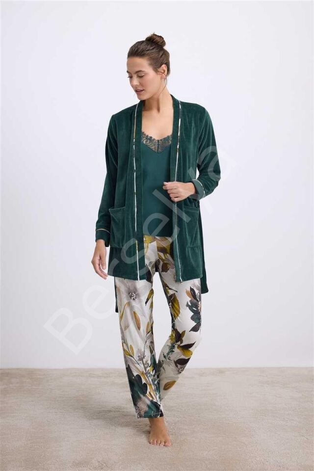 Kadife Sabahlık, Dantelli Atlet Ve Desenli Pantolon Pijama Takımı