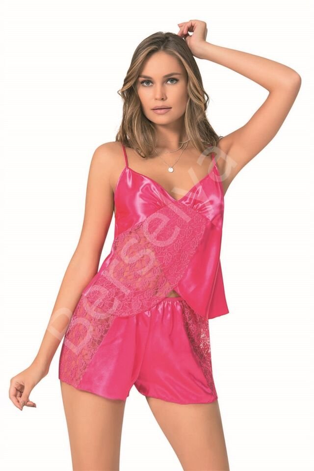Fuşya Saten Babydoll Şort Takımı