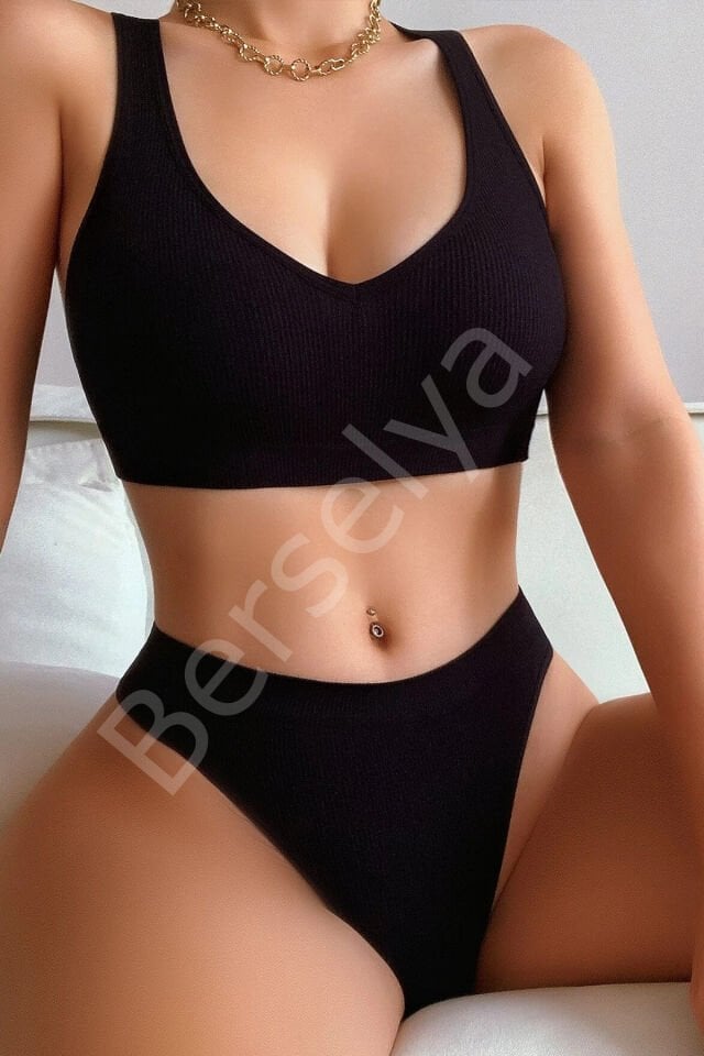 Kadın Siyah Desteksiz Seamless Tangalı İç Çamaşır Takımı