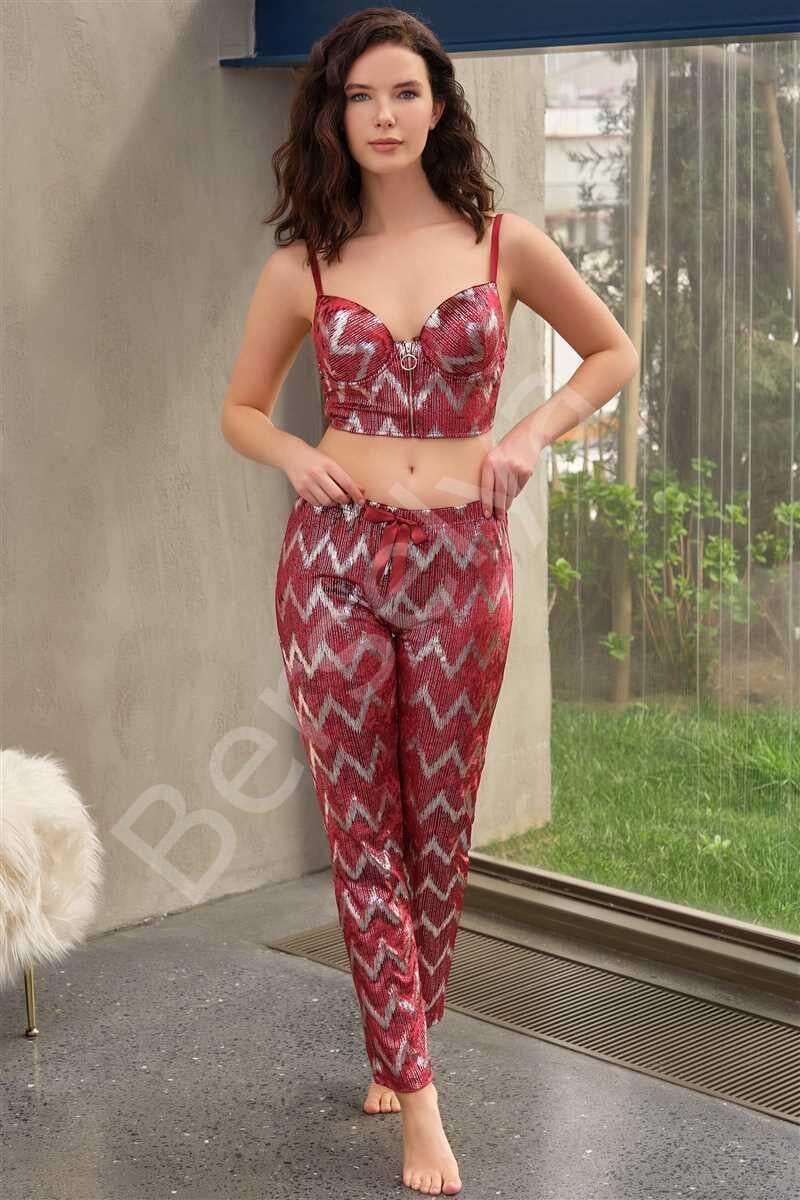 Kadife Balenli Destekli Dolgulu Parlak Baskılı Fermuar Detaylı Büstiyer Ve Pantolon Pijama Takımı