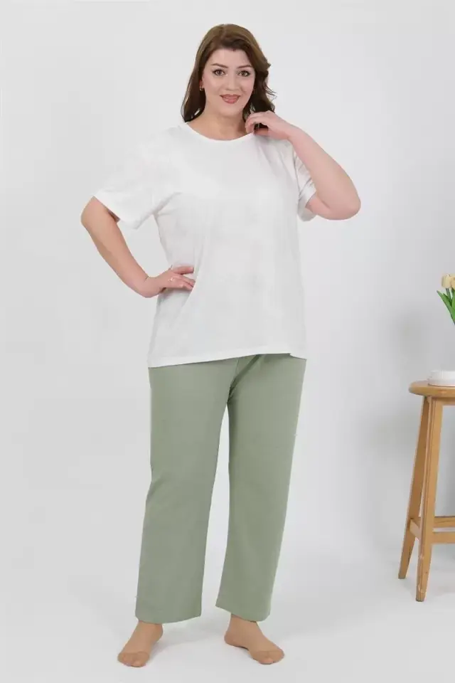 Kadın Büyük Beden Kısa Kol Penye Pijama Takımı Beyaz