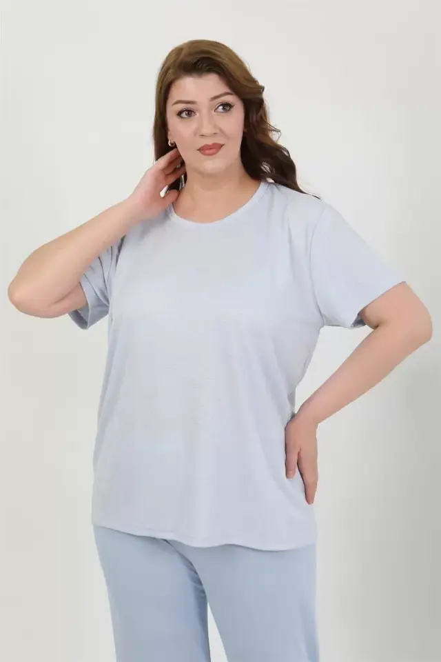 Kadın Büyük Beden Kısa Kol Penye Pijama Takımı Mavi