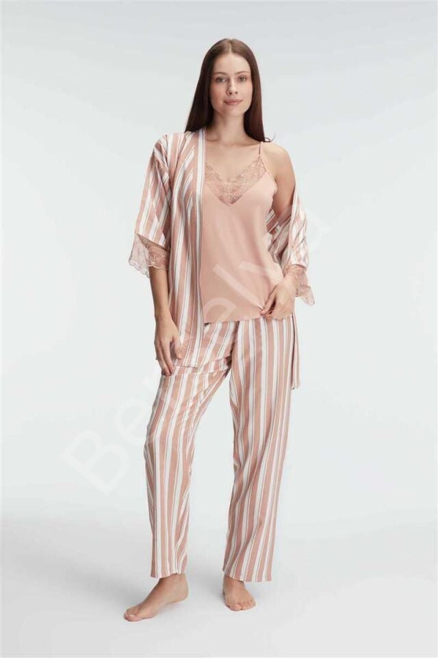 İp Askılı V Yaka Kadın Viskon Çizgili Desenli Yazlık Örme Pijama Sabahlık Takımı