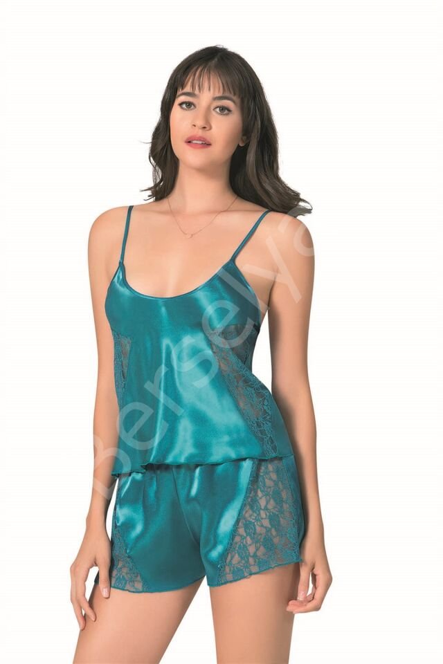 Petrol Saten Babydoll Şort Takımı