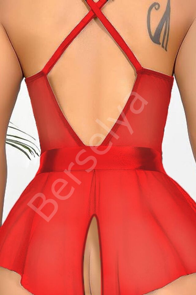 Kırmızı Özel Bölgesi Açık Kuşaklı Gecelik 15053