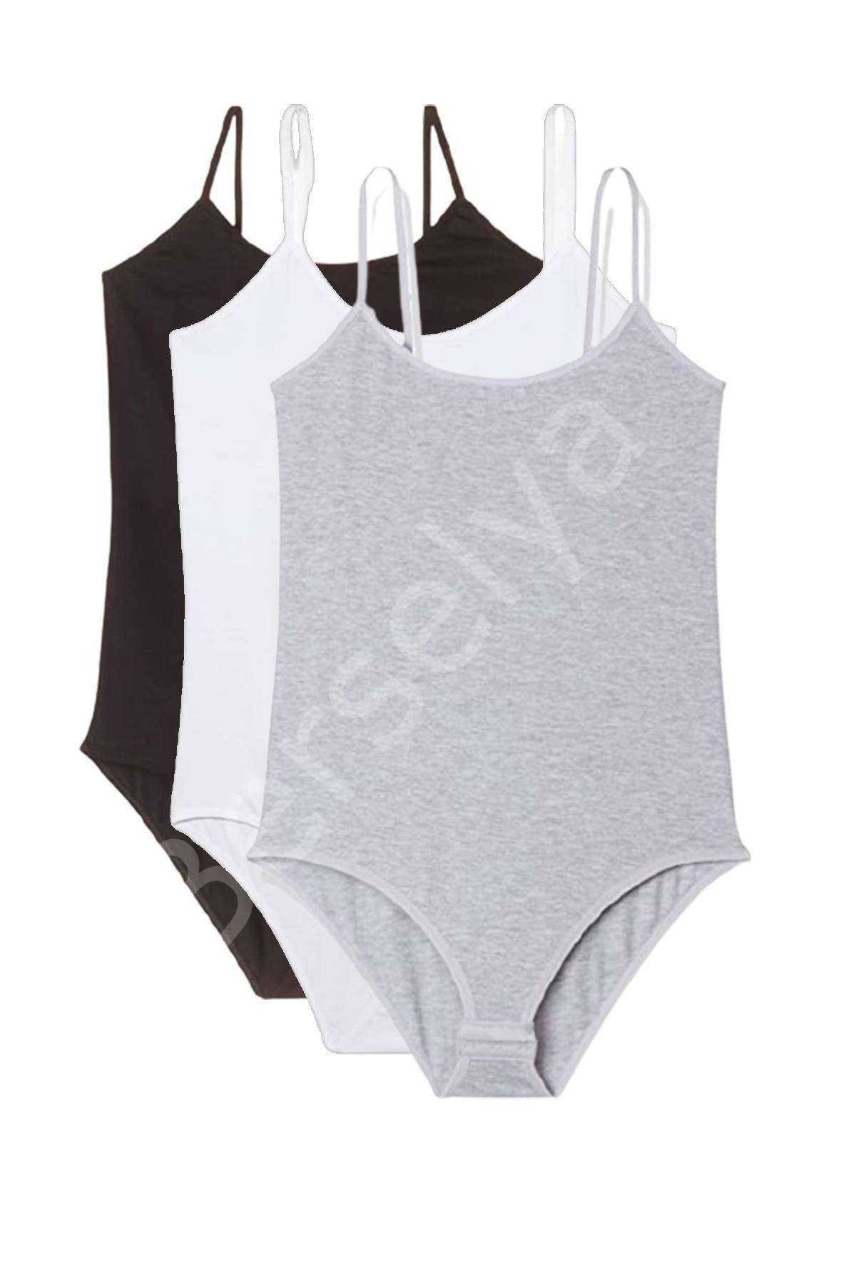 3 Adet İp Askılı Kadın Çıtçıtlı Body Siyah Beyaz Gri L