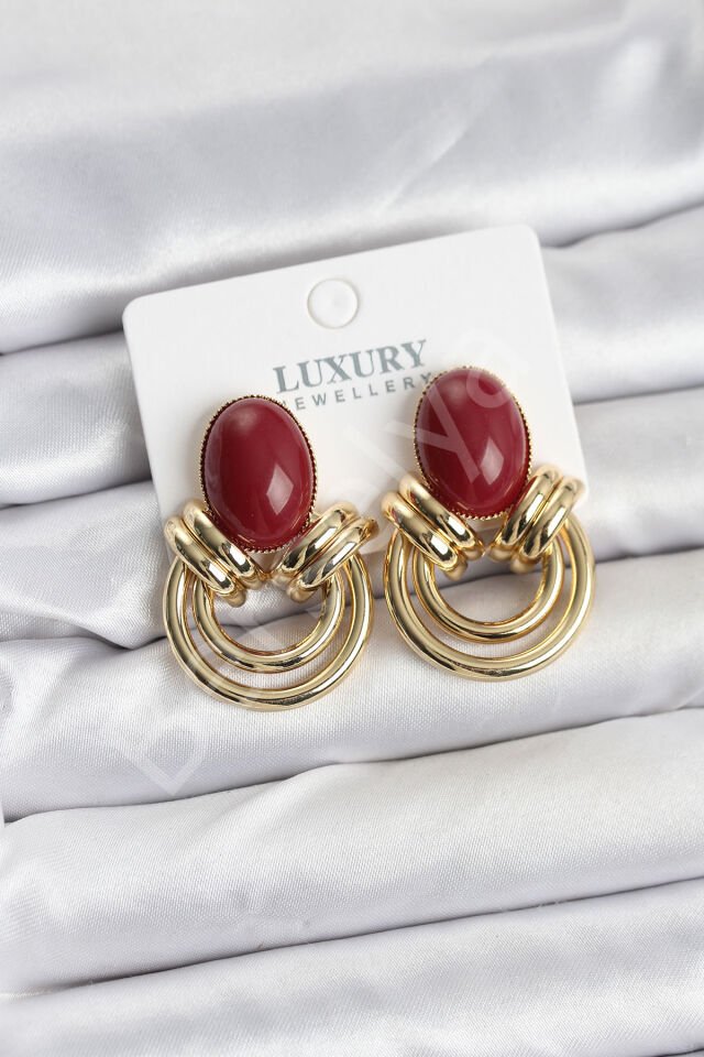 Pirinç Gold Renk Bordo Taşlı Vintage Kadın Küpe