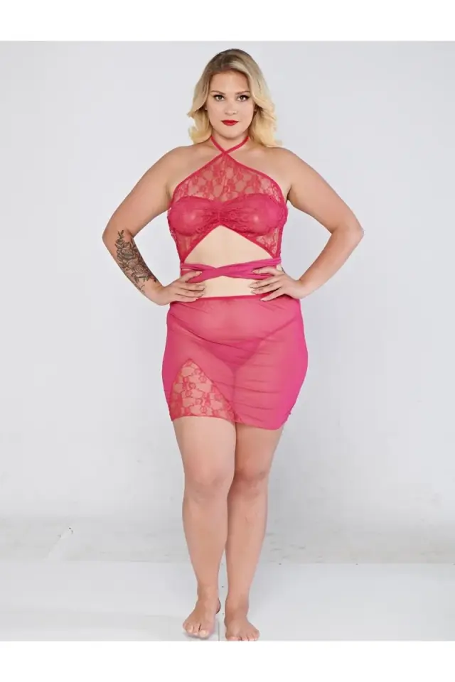 Kadın Büyük Beden Gecelik Pembe Tül Fantezi Gecelik