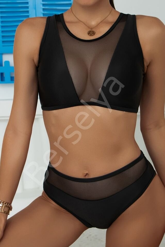 Kadın Siyah Tül Detaylı Yüksek Bel Sütyen Takımı