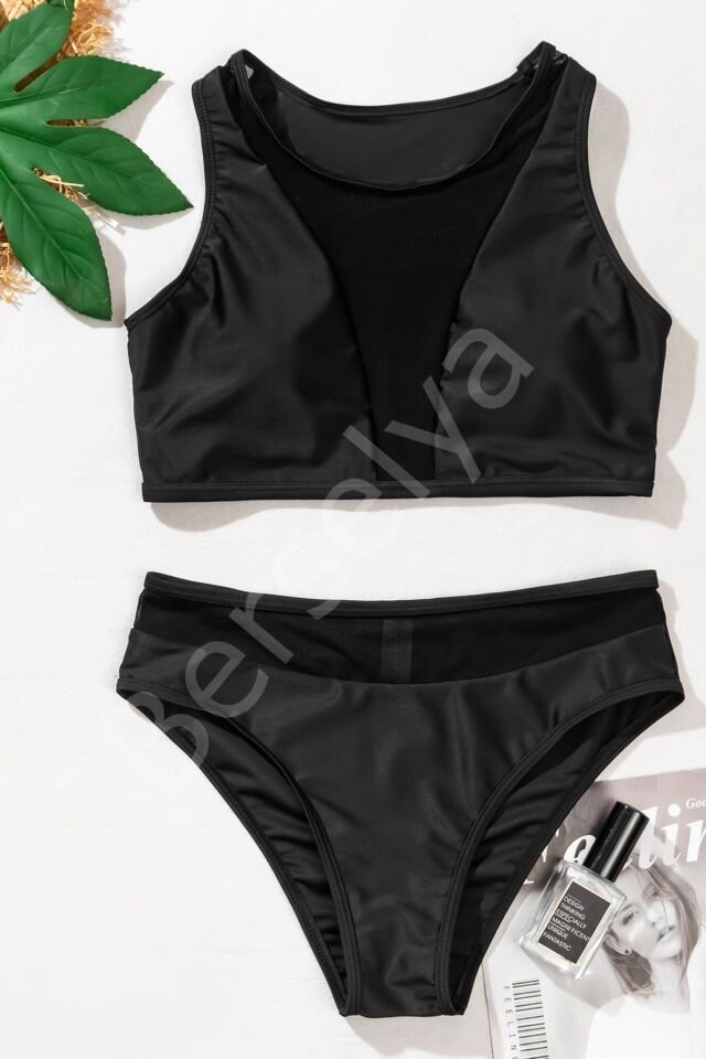Kadın Siyah Tül Detaylı Yüksek Bel Sütyen Takımı