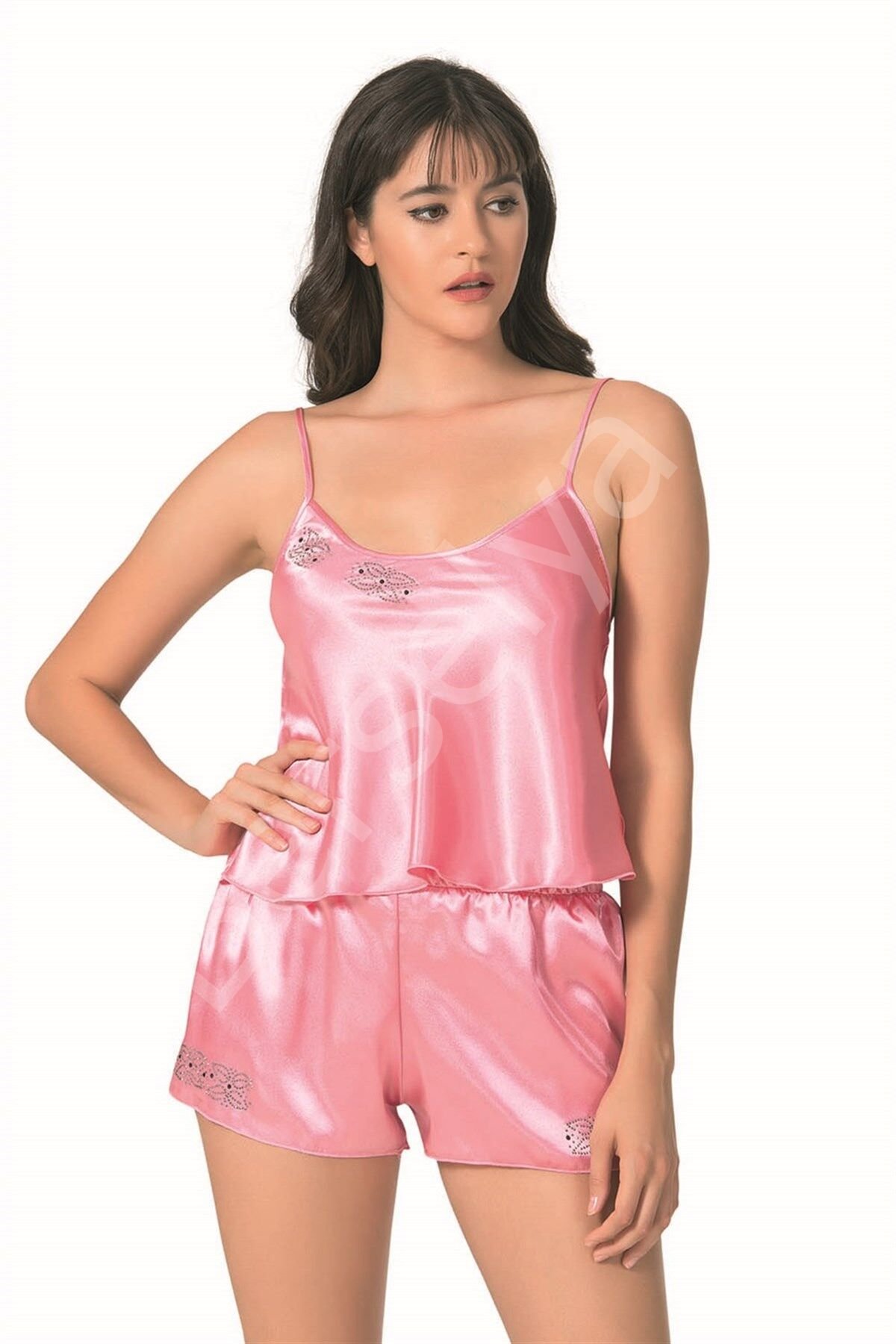 Koyu Pembe Saten Babydoll Şort Takımı
