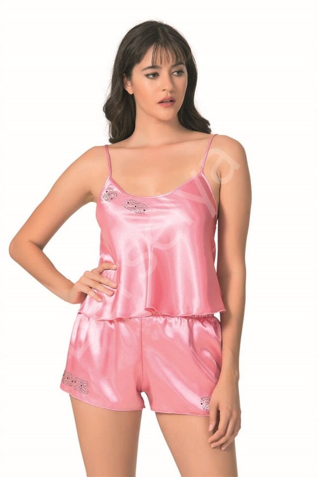 Koyu Pembe Saten Babydoll Şort Takımı