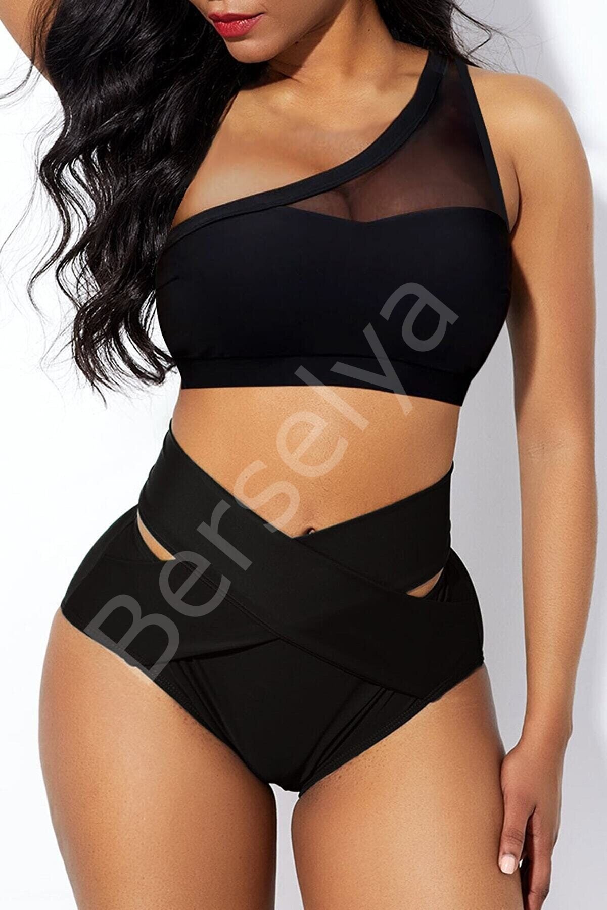 Kadın Siyah Yüksel Bel Tül Detaylı Sütyen Külot Takımı