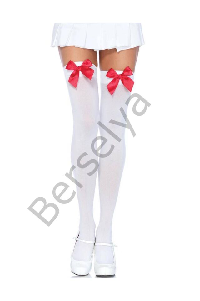 Kırmızı Fiyonklu Beyaz Jartiyer Çorabı Brf1147