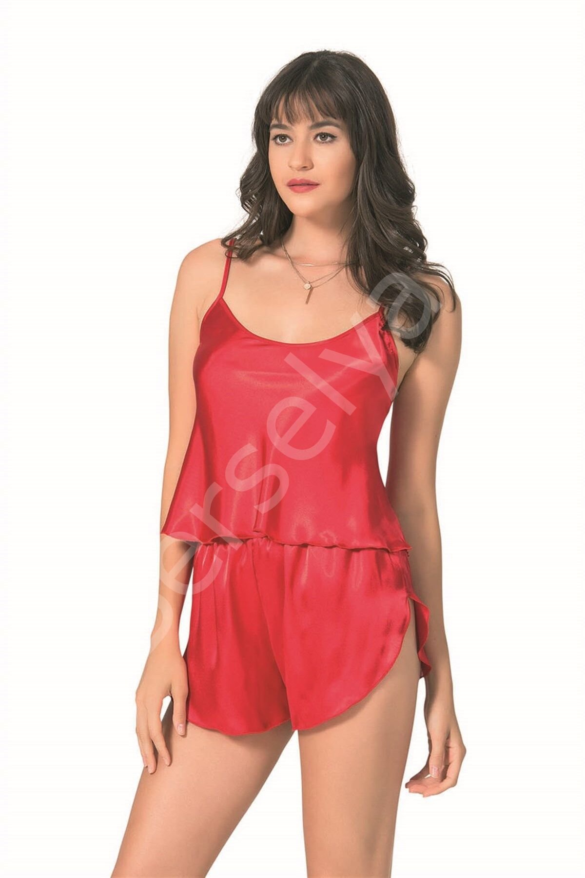 Kırmızı Saten Babydoll Şort Takımı