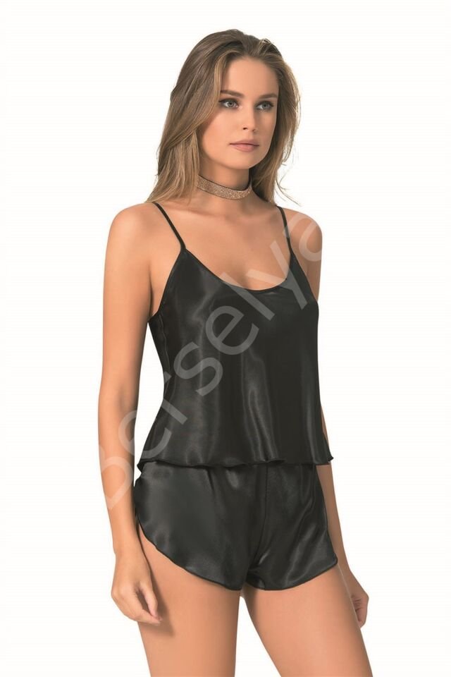 Siyah Saten Babydoll Şort Takımı