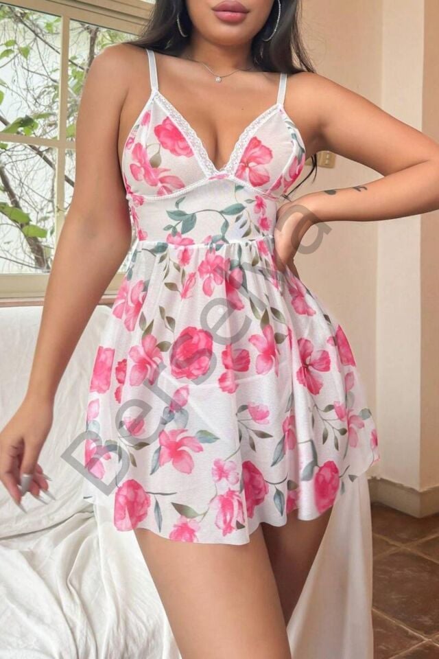 Pembe Çiçek Desenli Dantel Detaylı Gecelik 15706