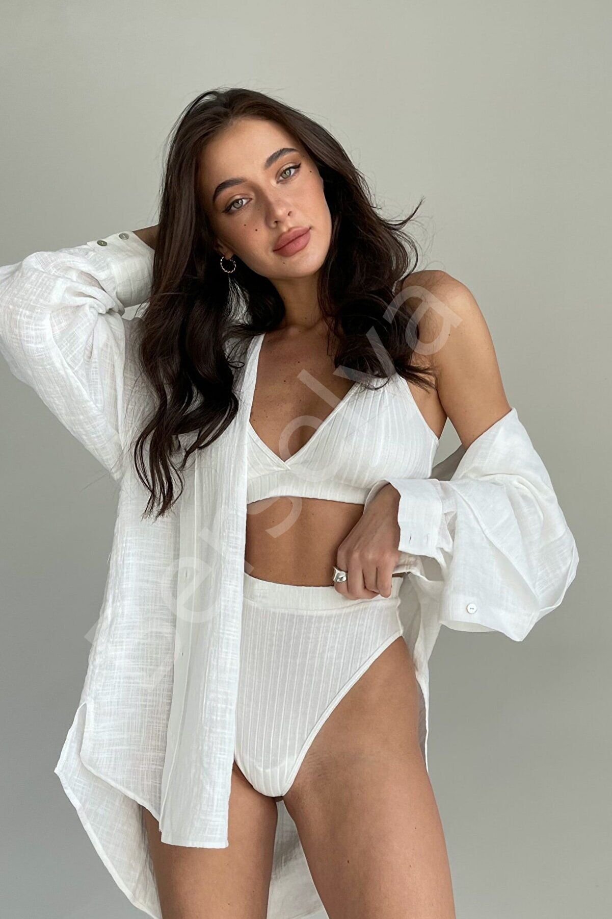 Kadın Beyaz Yüksek Bel Dolgusuz Slip Takım