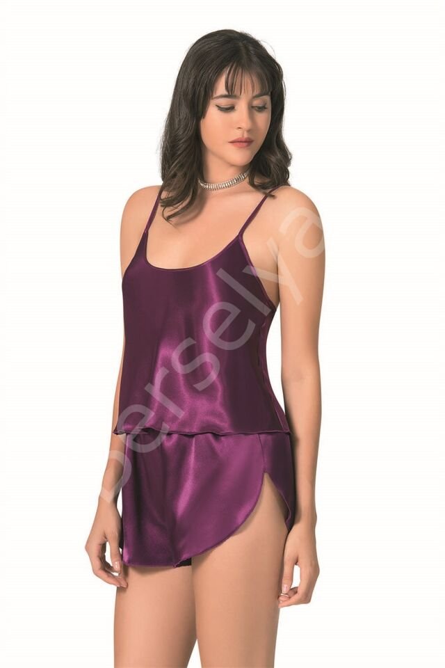 Mor Saten Babydoll Şort Takımı