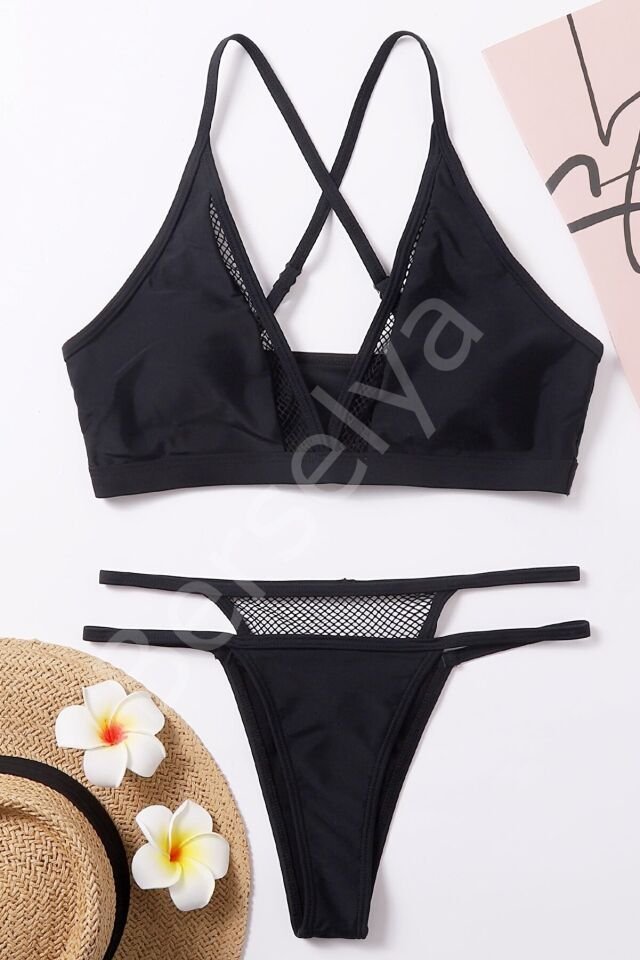 Kadın Siyah File Detaylı Iç Çamaşır Takımı