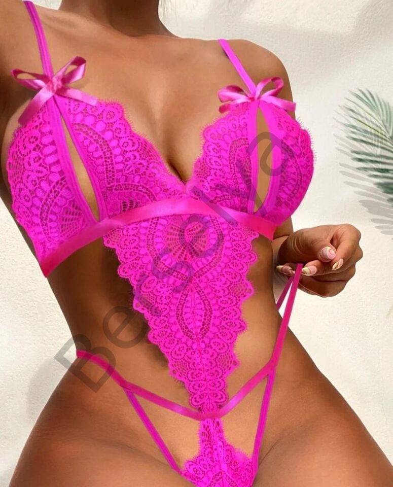 Fiyonklu Dantelli Fuşya Fantezi Body