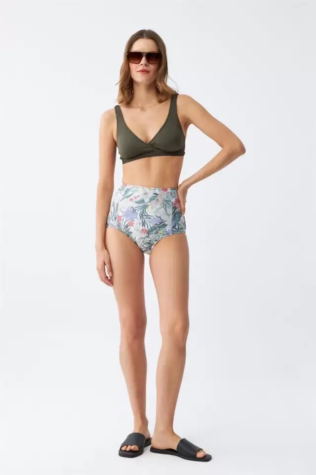 Kadın Haki Pedli Üst Ve Yüksek Bel Çiçek Desenli Bikini Takımı