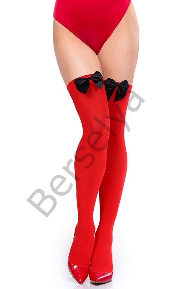 Siyah Fiyonklu Kırmızı Jartiyer Çorabı Brf1213