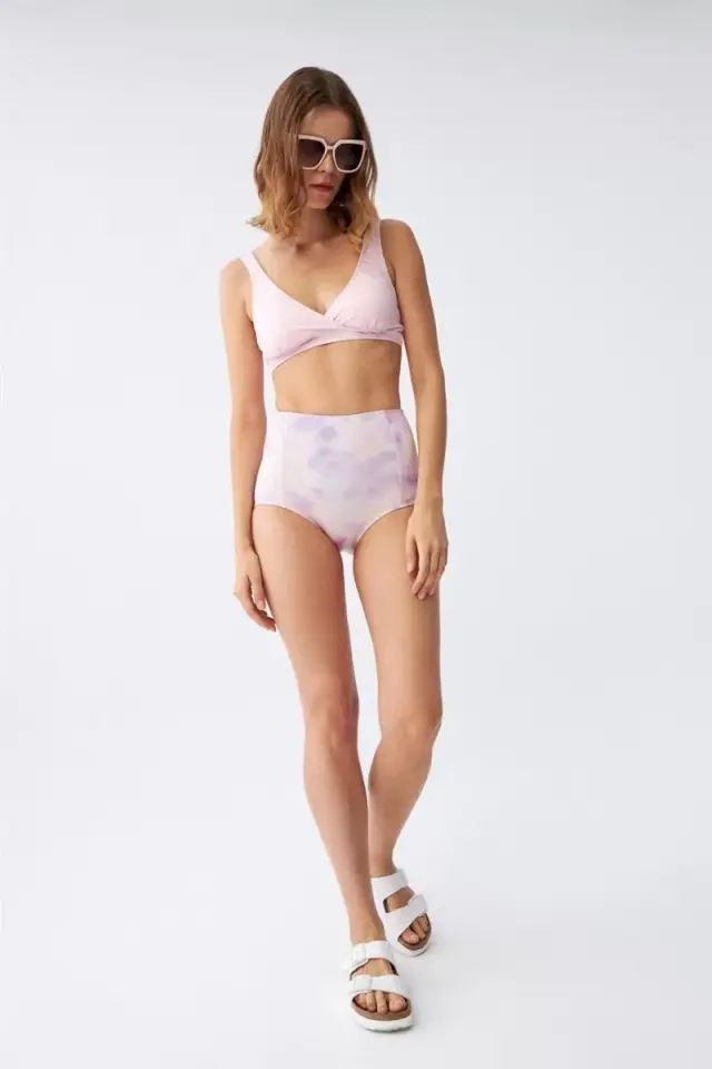 Kadın Pembe Pedli Üst Ve Pastel Desenli Yüksek Bel Bikini Takımı