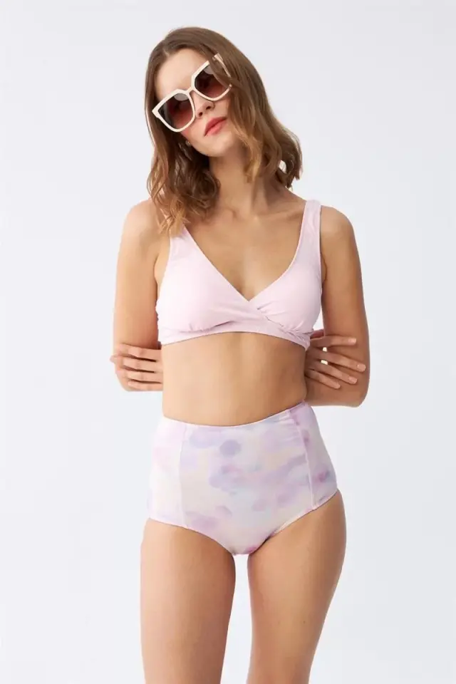 Kadın Pembe Pedli Üst Ve Pastel Desenli Yüksek Bel Bikini Takımı