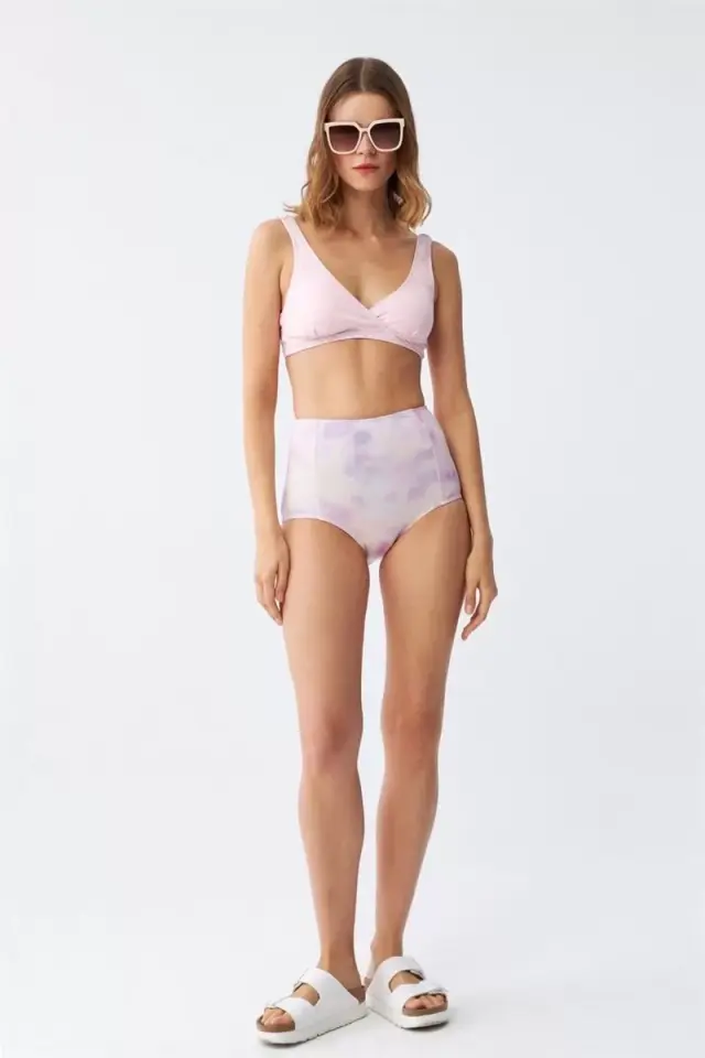 Kadın Pembe Pedli Üst Ve Pastel Desenli Yüksek Bel Bikini Takımı
