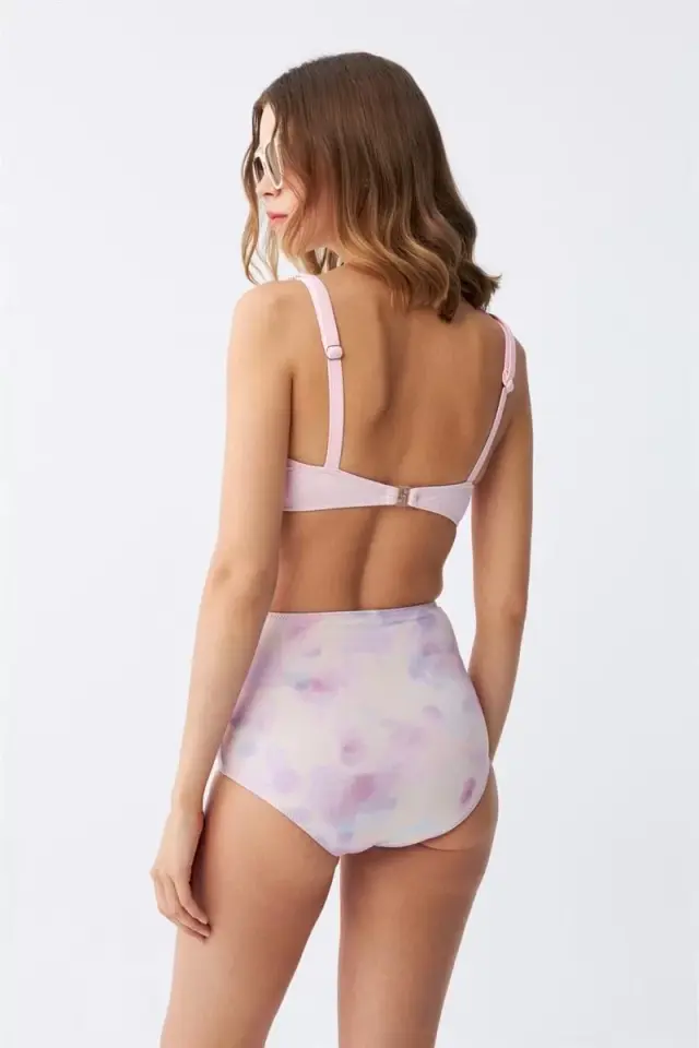 Kadın Pembe Pedli Üst Ve Pastel Desenli Yüksek Bel Bikini Takımı